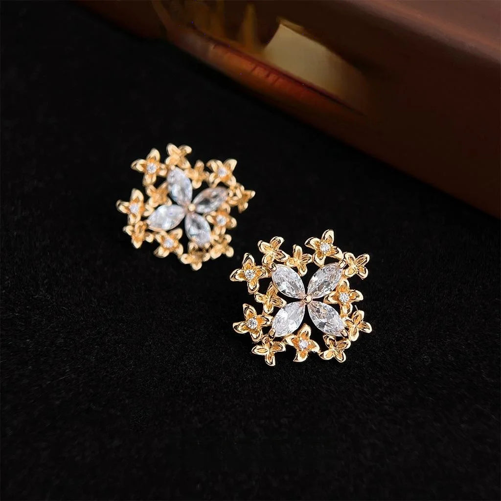 Light Luxury Zircon Inlaid Flower Petal Copper Drop Earrings