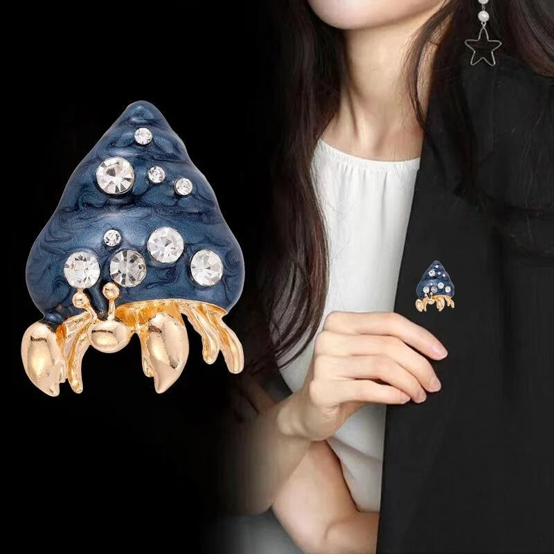 Cute Hermit Crab Shell Alloy Enamel Rhinestone Brooch, Elegant Women's Lapel Pin Corsage Suit Accessory Gift