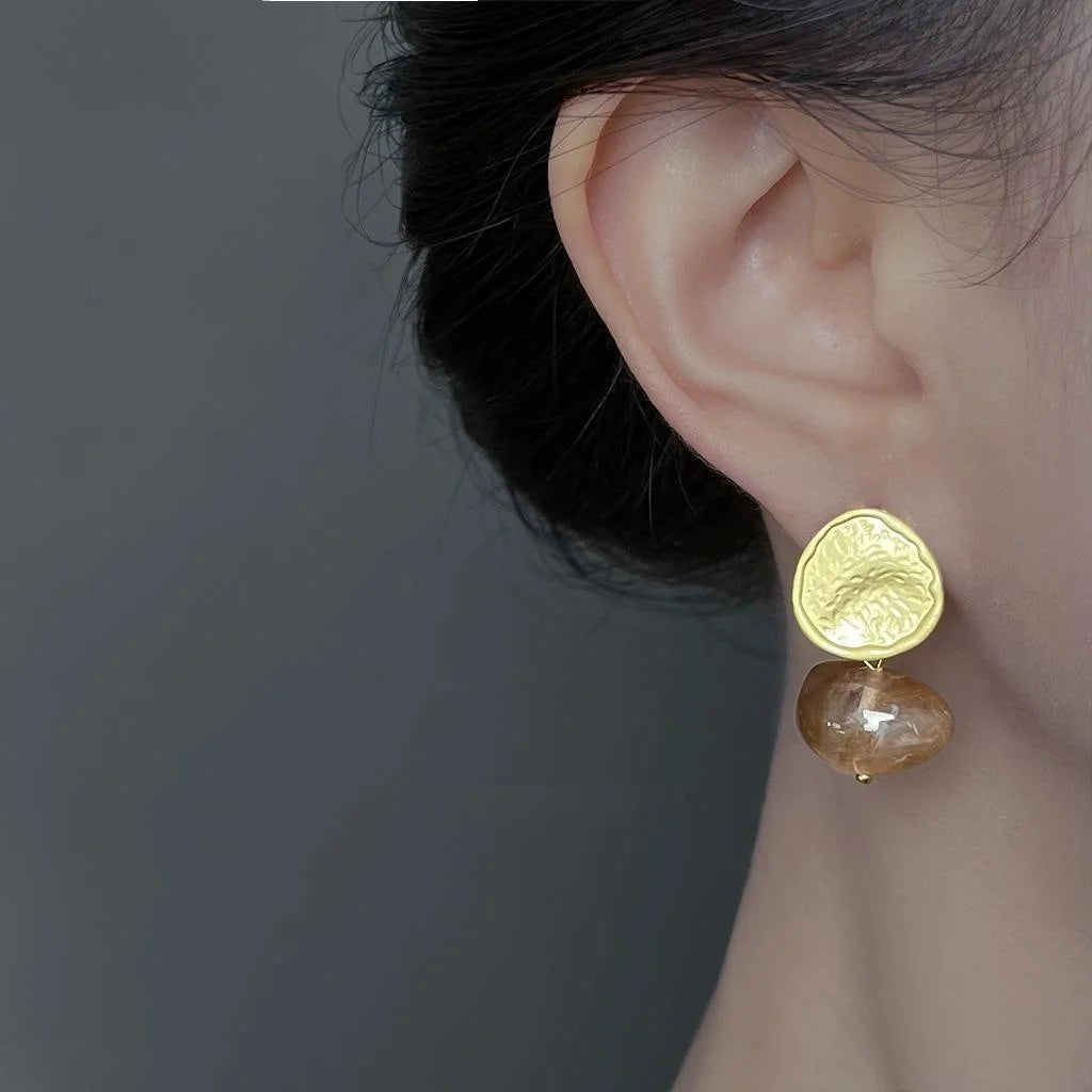 Vintage Hong Kong Style Irregular Geometric Copper Stud Earrings Hammered Brown Metal