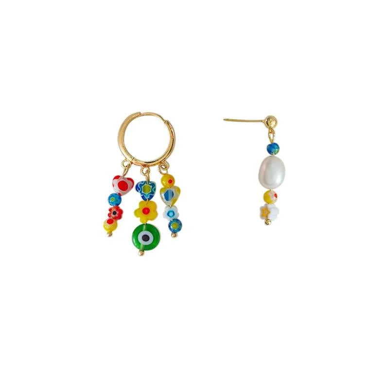 Handmade Asymmetric Floral Glass Liuli Copper Drop Earrings With 14K Plated Pins