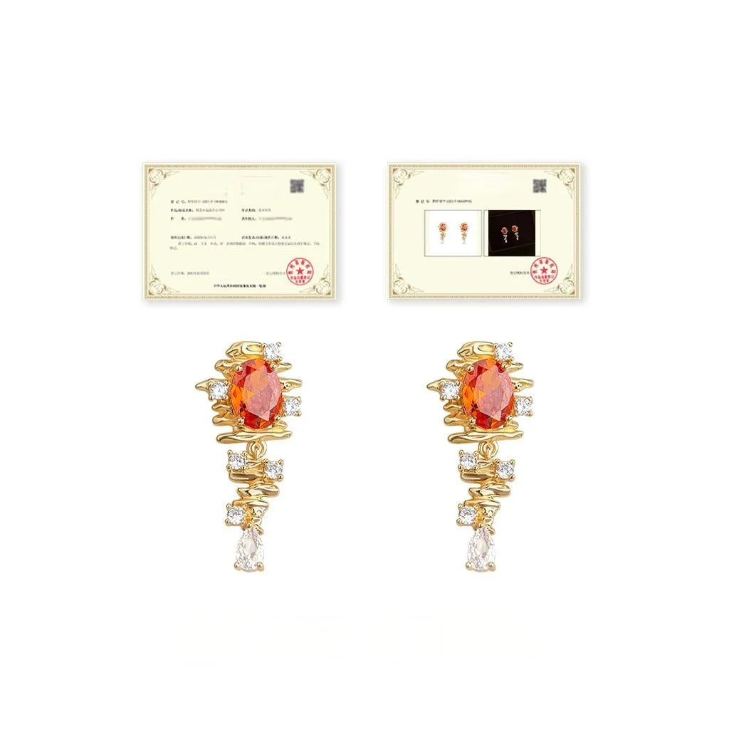 Vintage Ethnic Copper Orange Red Zircon Crown Tassel Chain Drop Earrings
