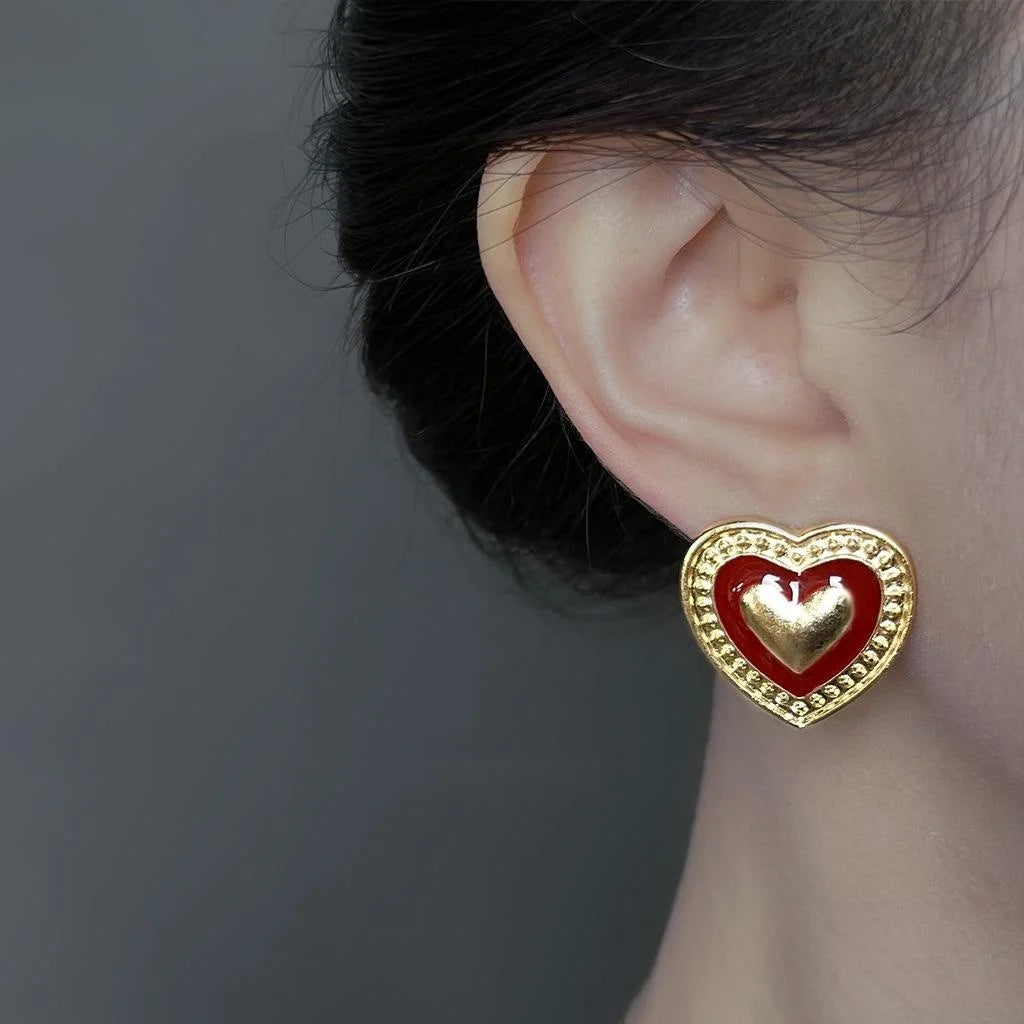 Vintage Burgundy Enamel Heart Stud Earrings 14K Plated Alloy Palace Style