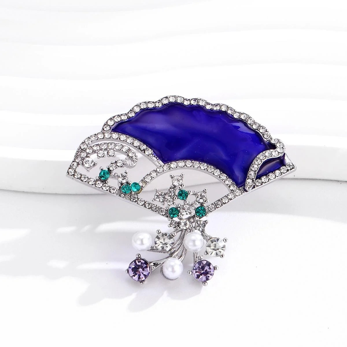 Elegant Blue Enamel Fan Brooch With Rhinestone And Faux Pearl Tassels, Women's Lapel Pin Gift