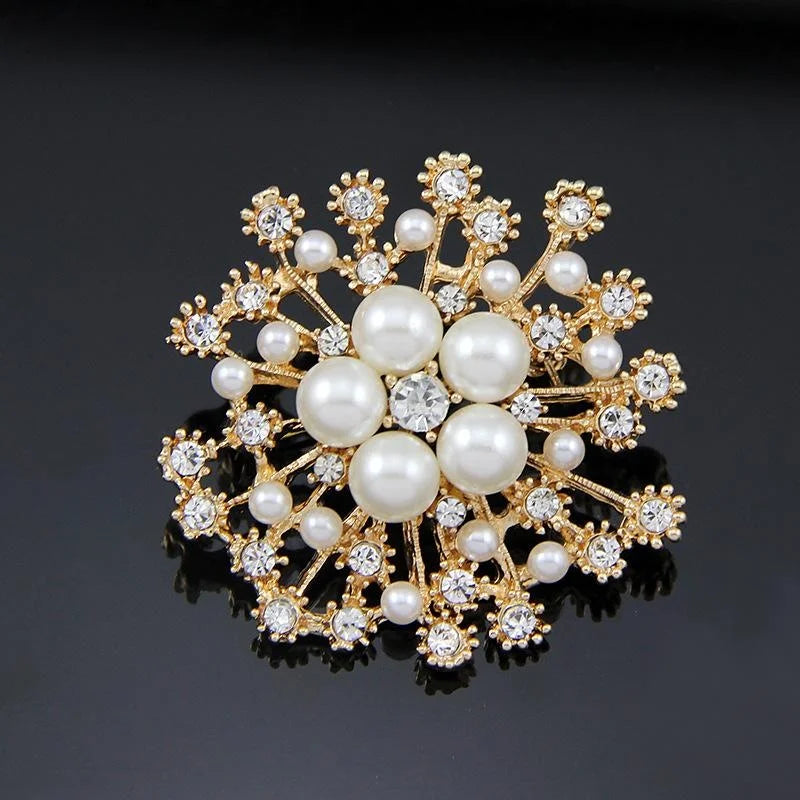Elegant Snowflake Flower Pearl Rhinestone Brooch, Gold Alloy Lapel Pin Corsage Suit Accessory Gift