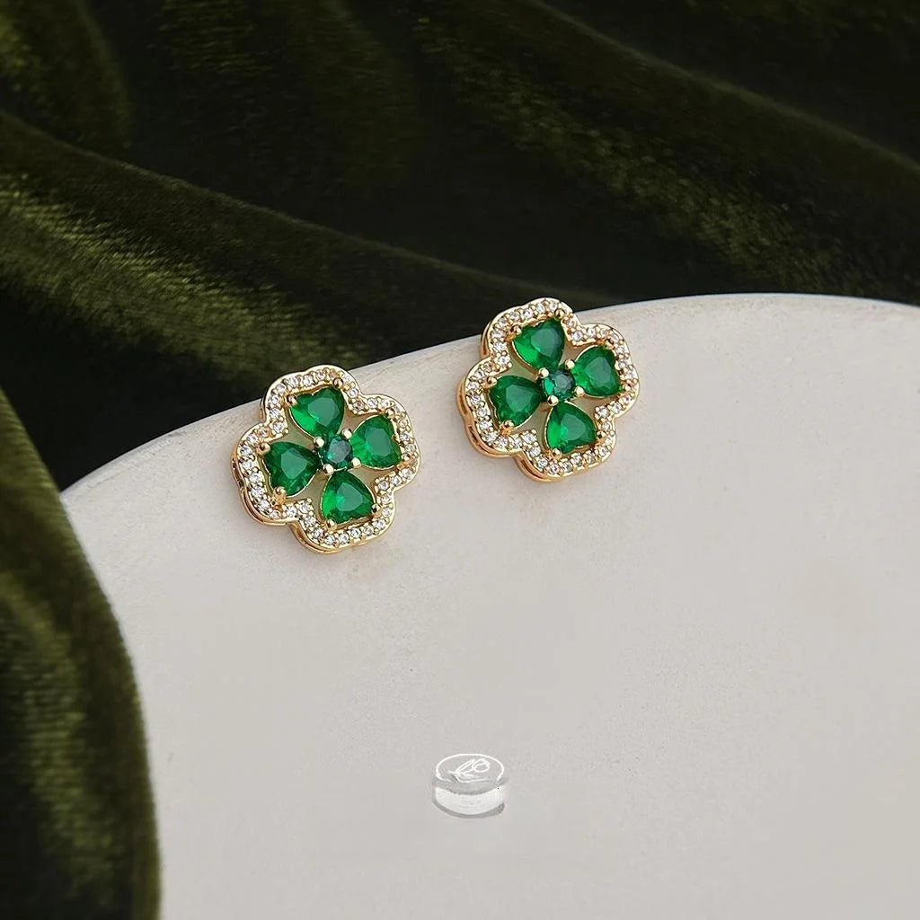 14K Gold Plated Copper Emerald Green Zircon Flower Geometric Stud Earrings Light Luxury