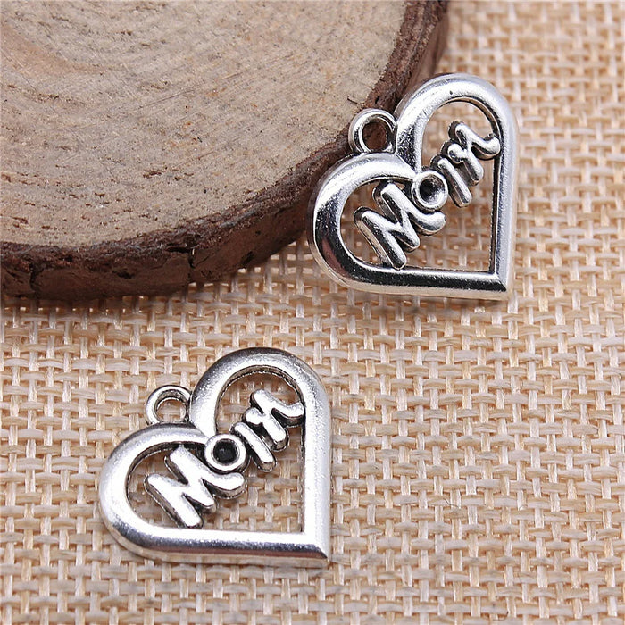 21x20mm 1.5g Antique Silver Zinc Alloy MOM Heart Charm Pendant for DIY Necklace Bracelet Making