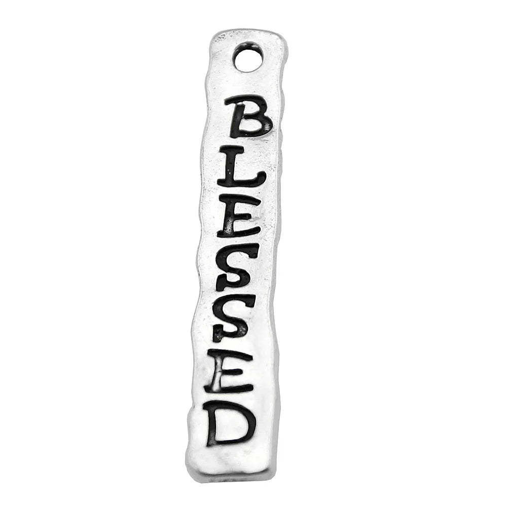 40x7mm 2.3g Antique Silver Zinc Alloy blessed Long Word Tag Letter Charm Pendant for DIY Jewelry Making