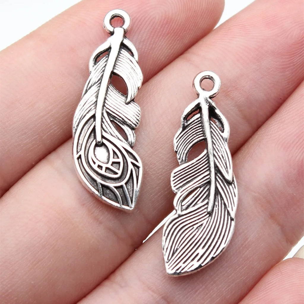 29x10mm 1.5g Antique Silver Zinc Alloy Feather Charm Pendant for DIY Necklace Earring Jewelry Making