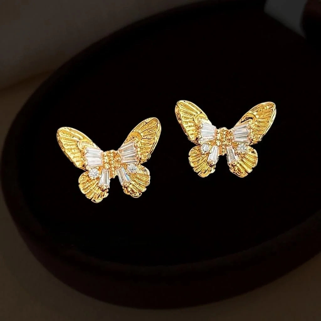 French Vintage Micro Pave Zircon Butterfly Drop Earrings Textured Elegant Jewelry