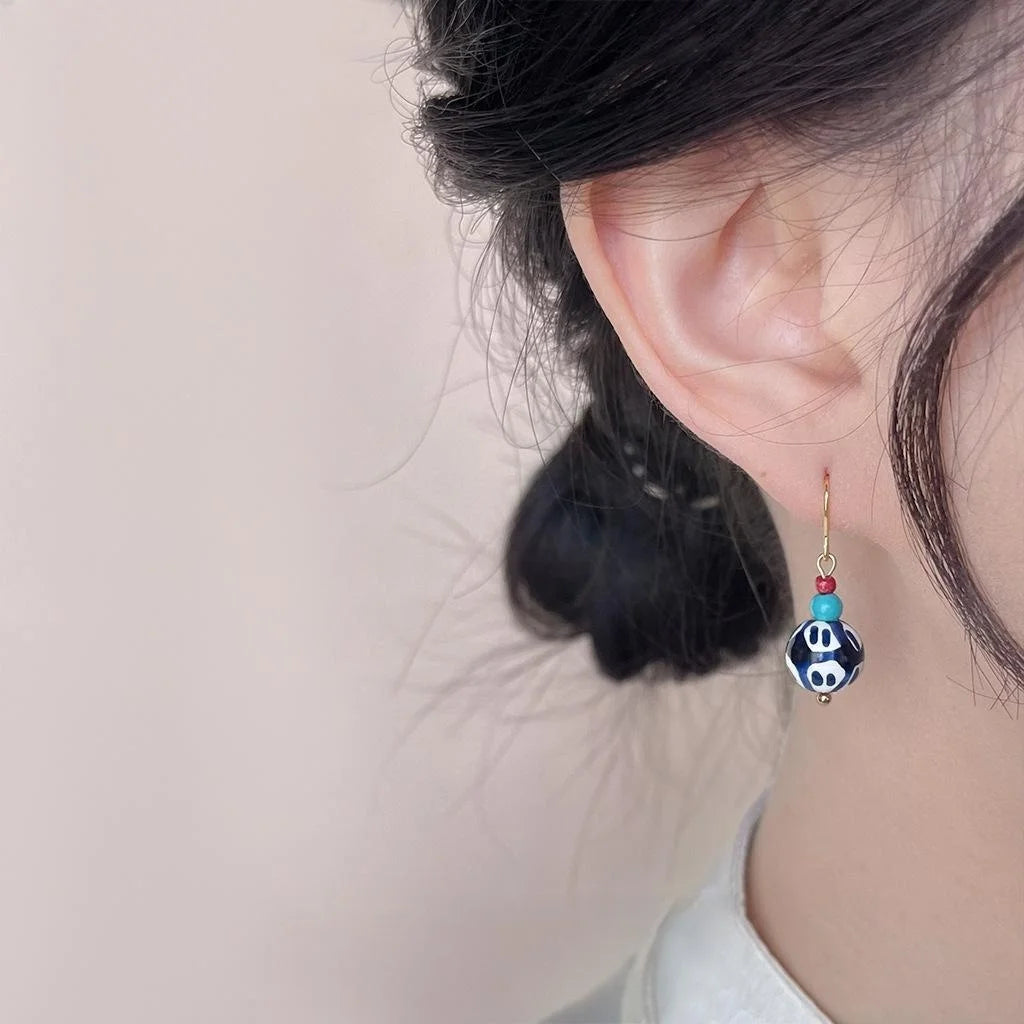 New Chinese Blue And White Porcelain Handmade Ceramic Copper Geometric Drop Earrings