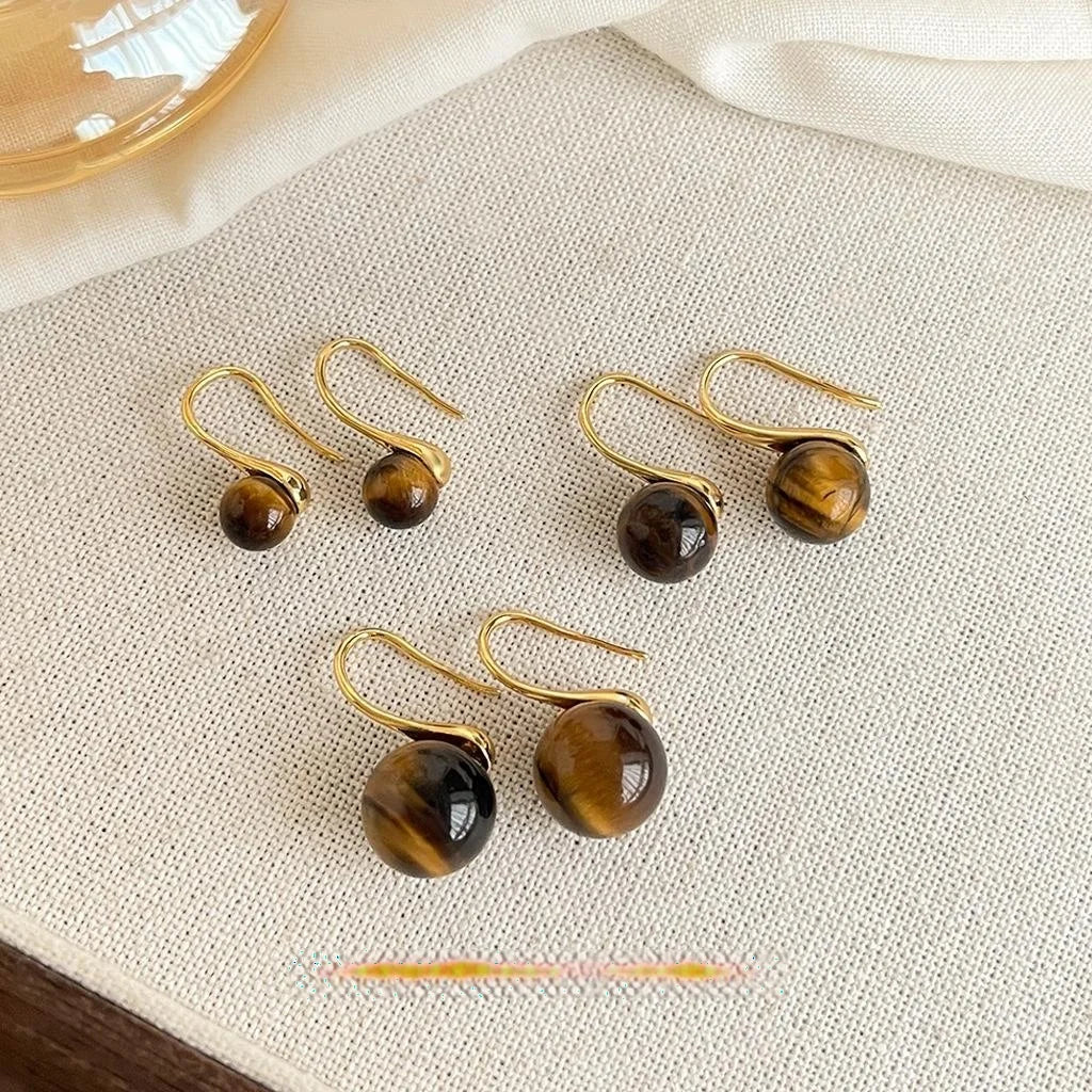14K Plated Tiger Eye Round Geometric Ball Drop Earrings For Women Minimalist Commuter Jewelry
