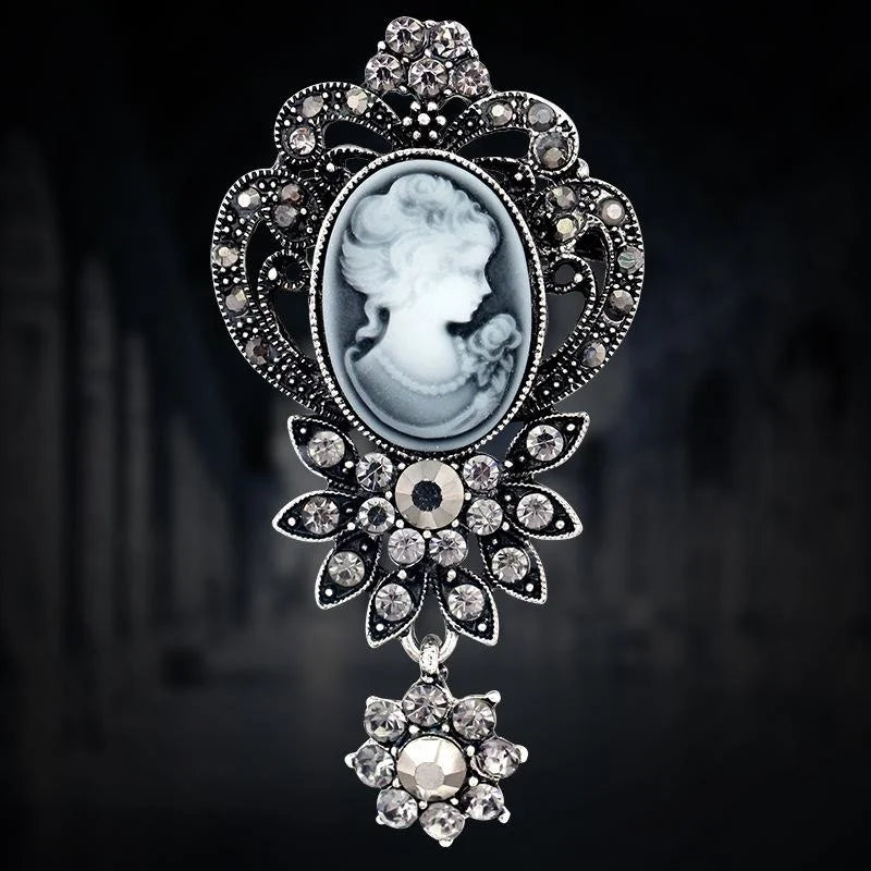 Vintage Beauty Cameo Portrait Alloy Rhinestone Hollow Brooch, Elegant Women's Lapel Pin Suit Accessory