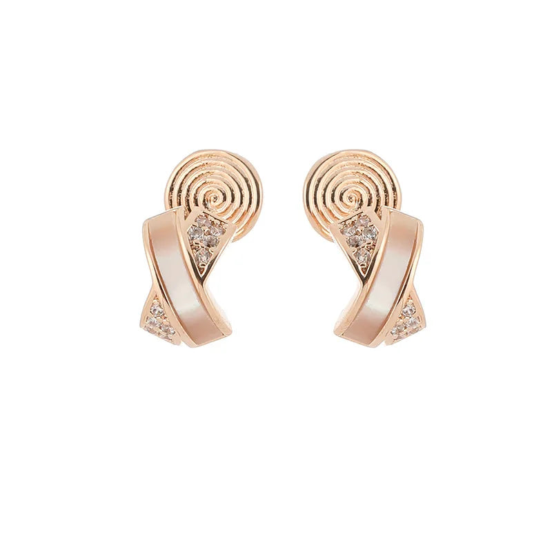 Elegant Shell Cross Rose Gold Tone Zircon Enamel Stud & Clip On No Piercing Commuter Luxury Earrings