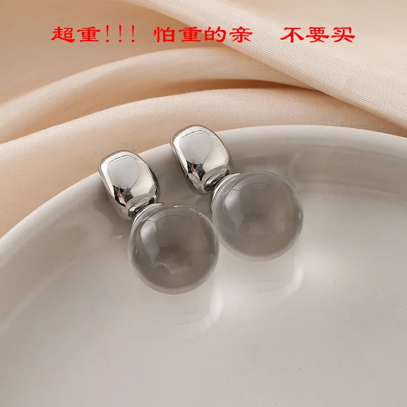 Elegant Large Smoky Crystal Ball Dangle Stud & Clip On No Piercing Silver Alloy Drop Earrings