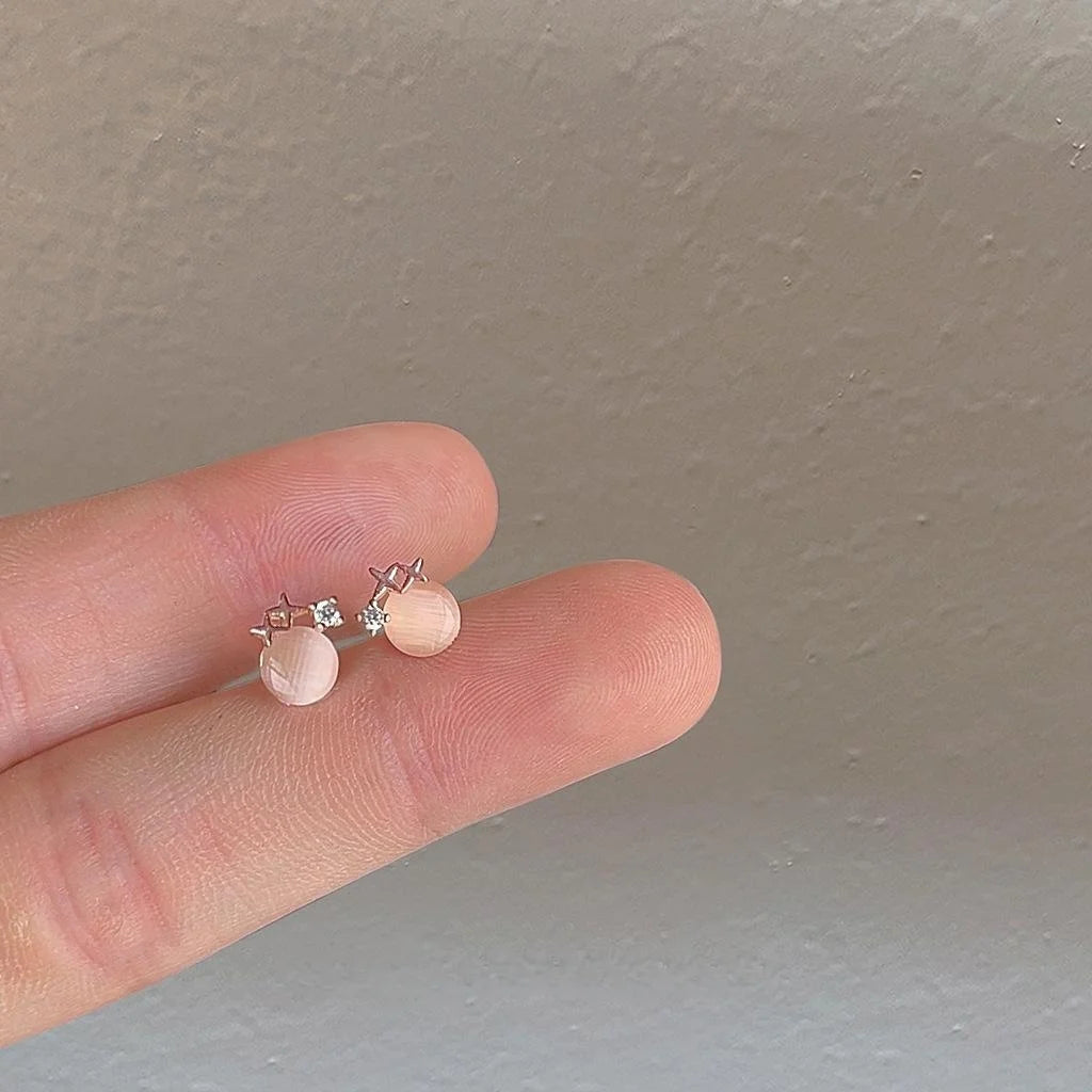Rose Gold Plated Copper Glass Cat Eye Star Zircon Mini Stud Earrings Cute Pink Versatile Jewelry