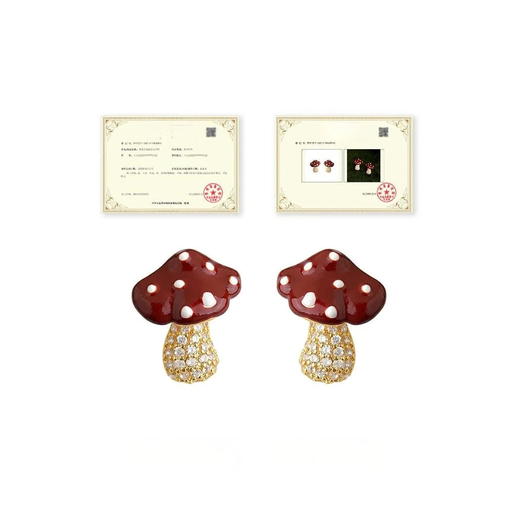 Cute Mushroom Stud Earrings Copper Zircon Micro Pave Childlike Style Gift Jewelry