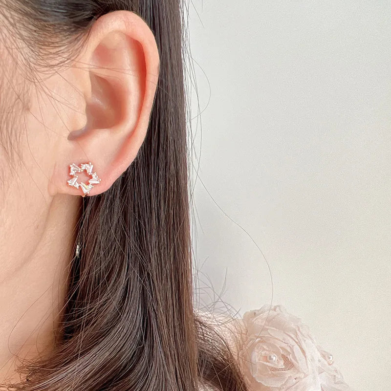 Elegant Hollow Star Zircon Stud & Clip On No Piercing Rose Gold Plated Five Point Hoop Earrings