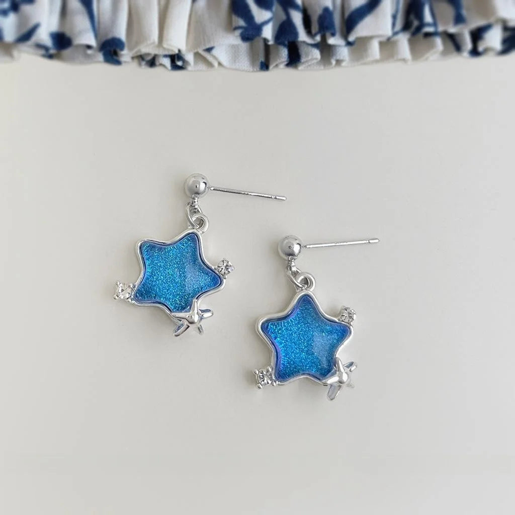 Fresh Sweet Blue Star Drop Earrings Copper Silver Plated Pin Niche Designer Jewelry For Women