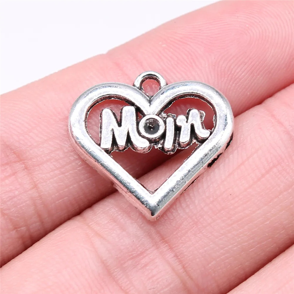 21x20mm 1.5g Antique Silver Zinc Alloy MOM Heart Charm Pendant for DIY Necklace Bracelet Making