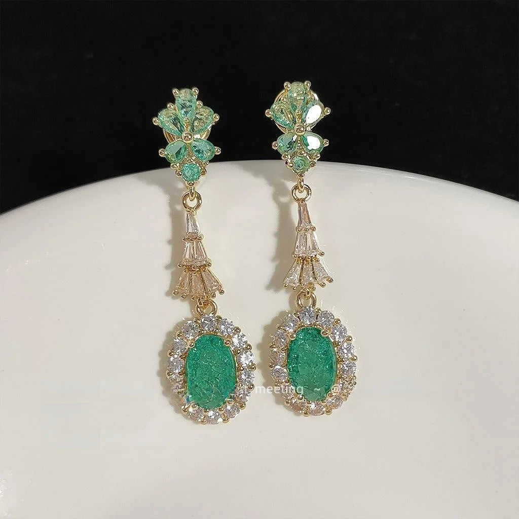 14K Gold Plated Copper No Piercing Clip On Drop Earrings Vintage Geometric Zircon Tassel