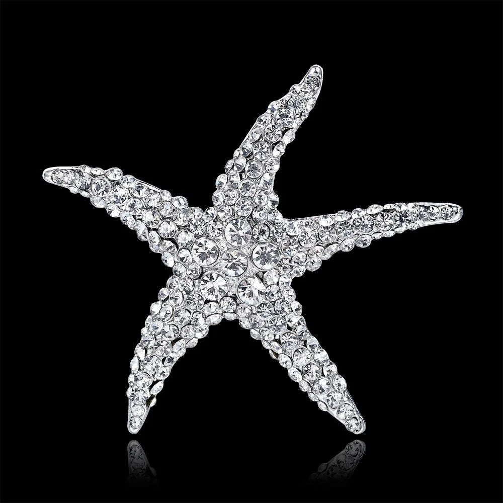 Luxury Alloy Starfish Full Rhinestone Brooch Elegant Crystal Lapel Pin Corsage Suit Accessory Gift