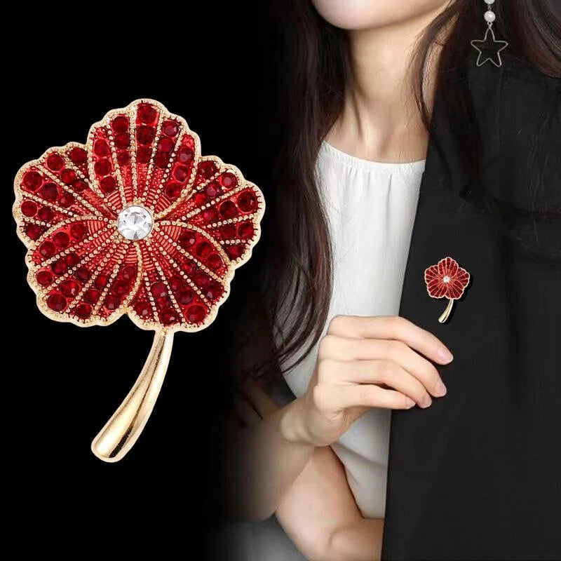 Luxury Red Poppy Flower Brooch With Rhinestone And Enamel, Gold Alloy Lapel Pin Corsage Gift