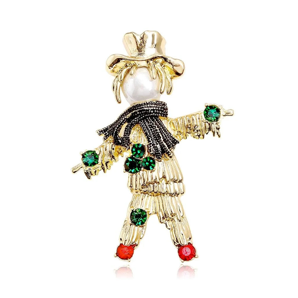 Vintage Scarecrow Pearl Rhinestone Brooch, Gold Alloy Straw Man Lapel Pin For Suit Accessory Gift