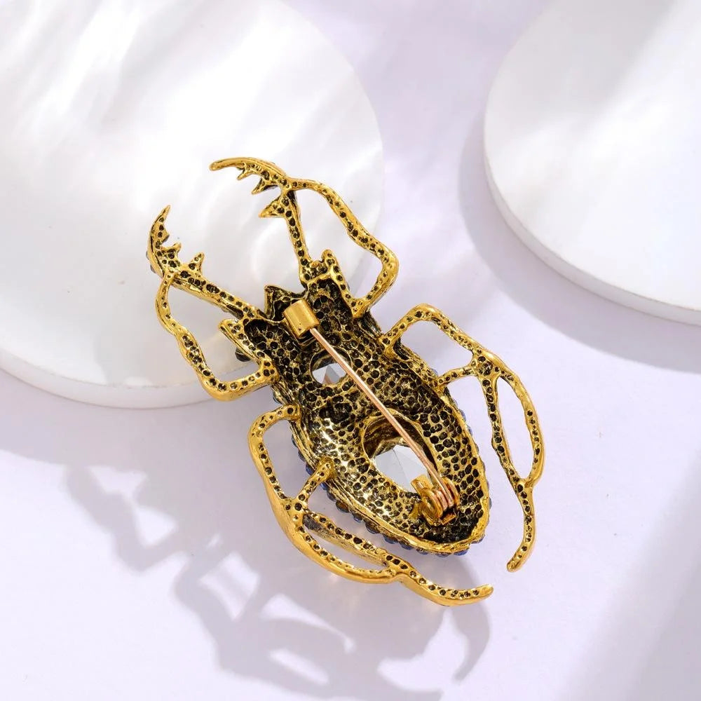 Luxury Blue Rhinestone Beetle Brooch, Gold Alloy Enamel Insect Lapel Pin Corsage Suit Accessory Gift