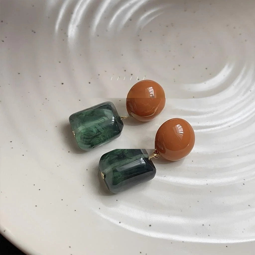 Handmade Autumn Ombre Resin Copper Geometric Drop Earrings With Silver Plated Pins