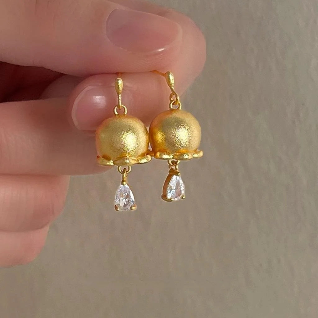 French Vintage Lily Of The Valley Teardrop Zircon Drop Earrings, Sandblasted Floral Luxury