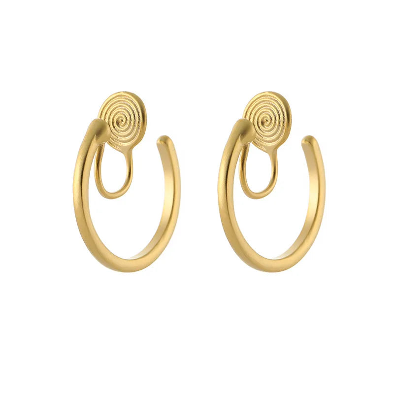 Elegant Gold Alloy Spiral Hoop Stud & Clip On No Piercing Minimalist Round Ear Cuff Earrings