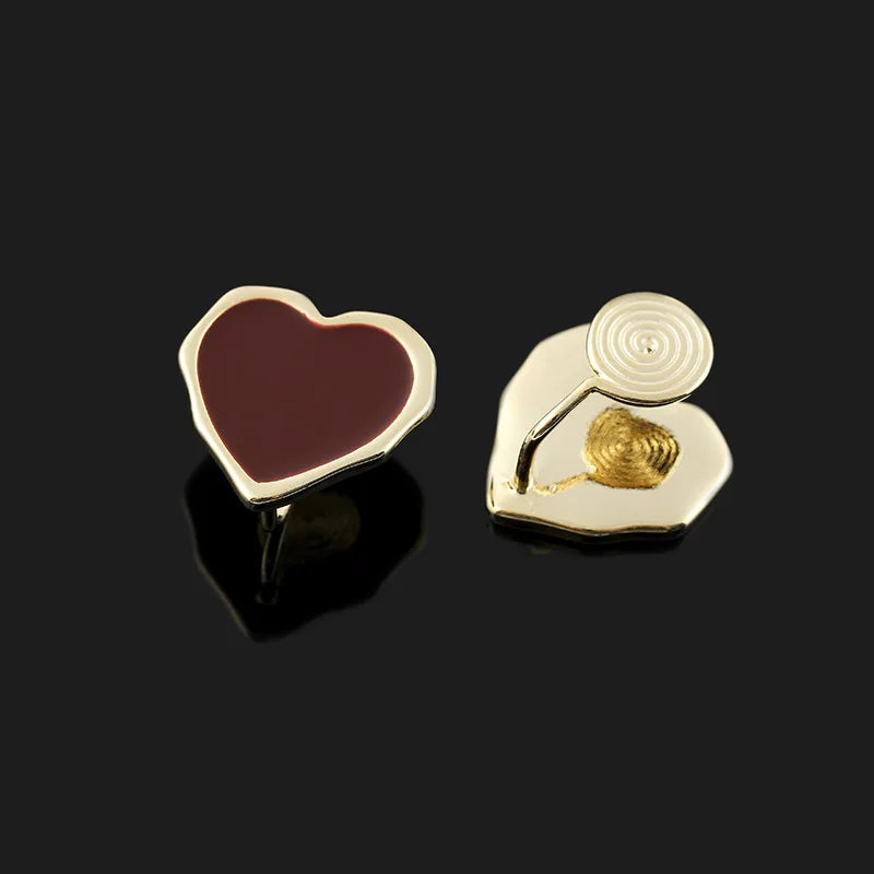 Vintage Red Enamel Heart Alloy Stud & Clip On No Piercing Gold Tone Spiral Clip Sweet Love Earrings