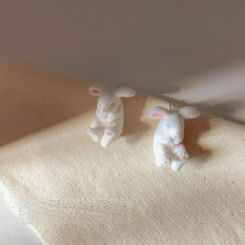 Cute Flocked Resin Rabbit Stud Earrings With Silver Plated Pins, Korean Sweet Girl Winter Jewelry