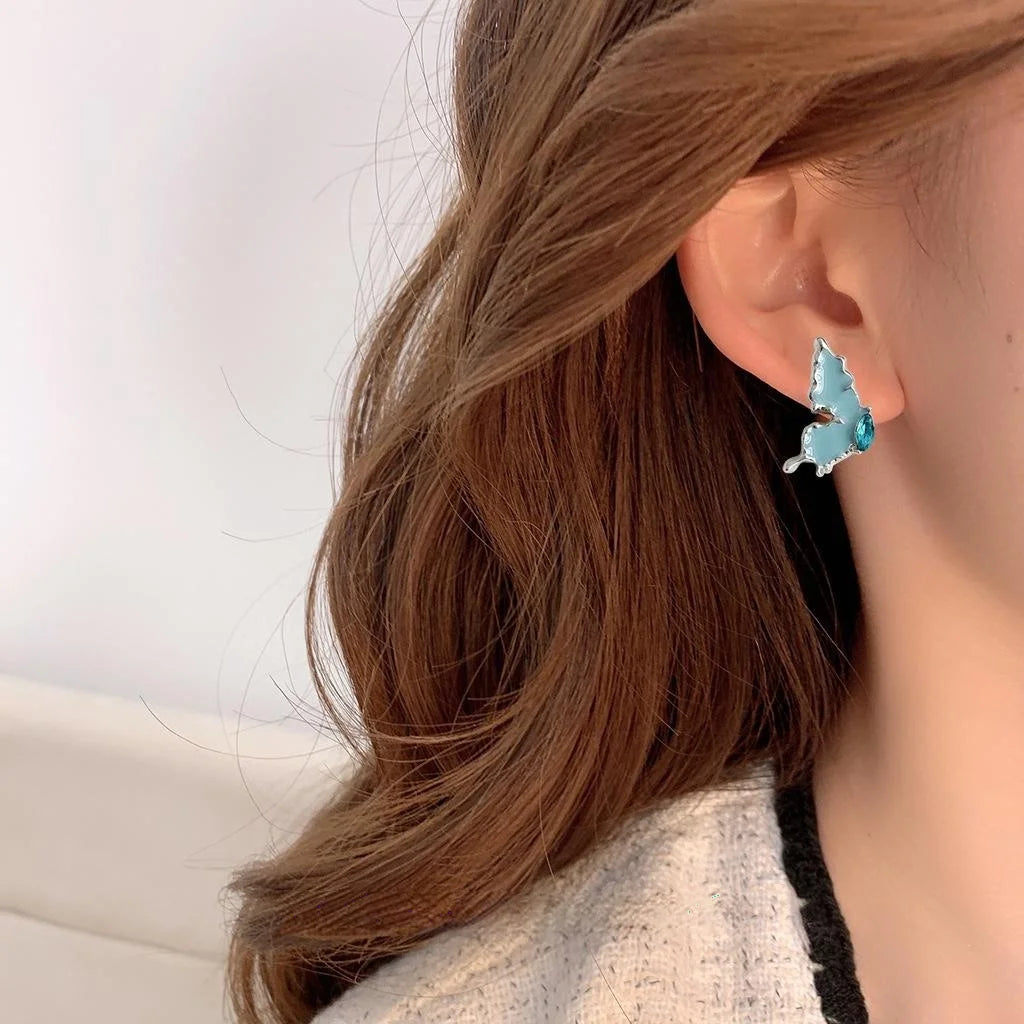 Asymmetric Blue Enamel Liquid Butterfly Copper Stud Earrings Sweet Cool Silver Plated Pin Jewelry