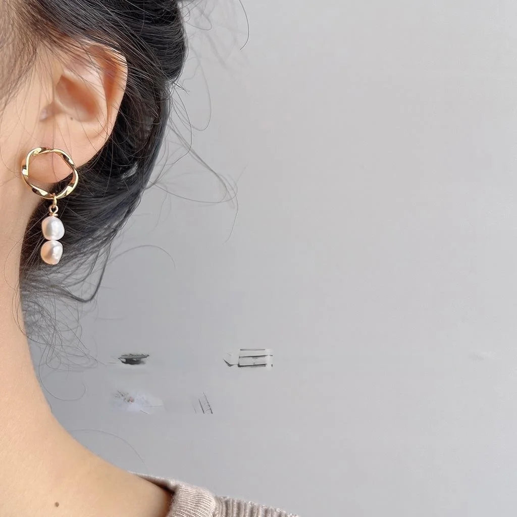 French Vintage Baroque Freshwater Pearl Tassel Stud Earrings, Asymmetric Copper Geometric Design