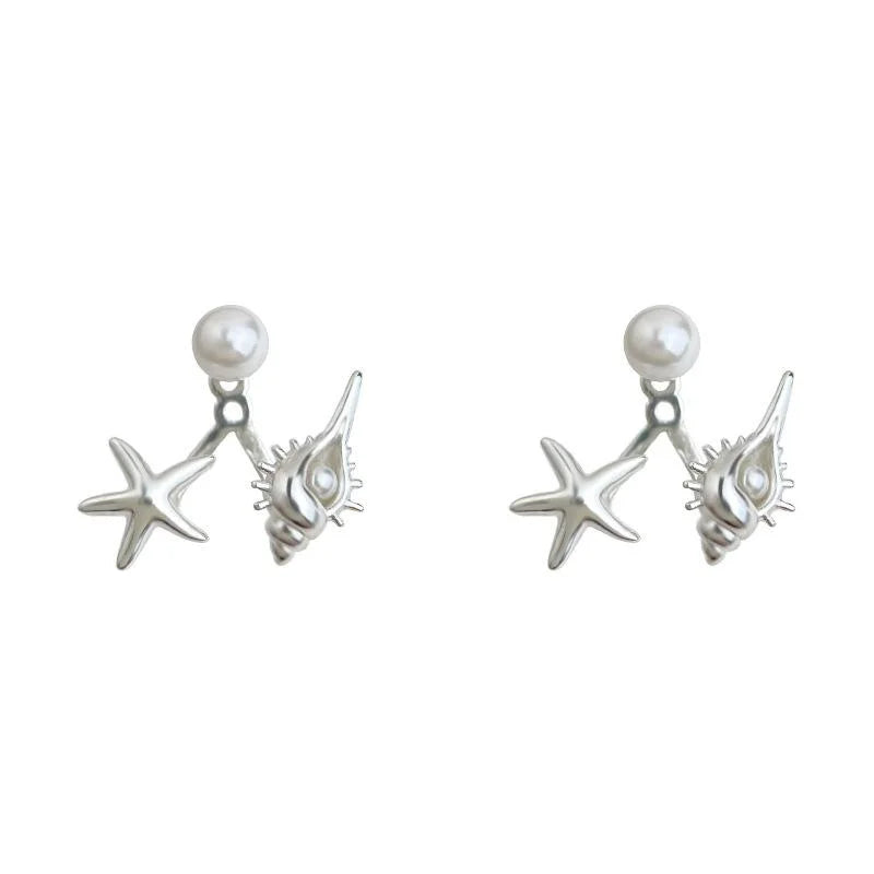 Vacation Style Conch Starfish Back Hanging Stud Earrings Copper Beach Jewelry