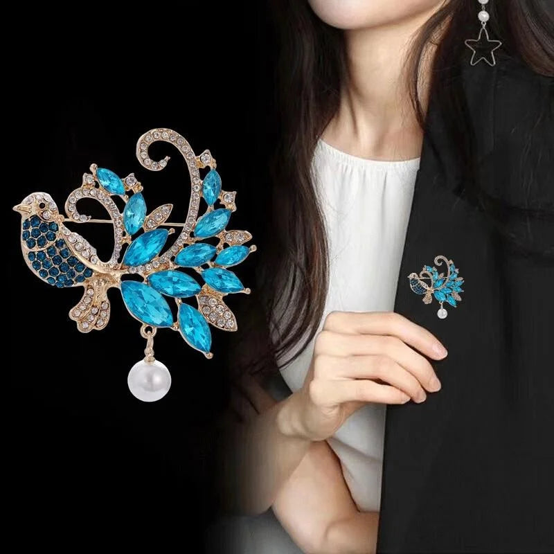 Elegant Blue Bird Rhinestone Brooch With Faux Pearl Drop, Animal Lapel Pin Corsage Gift For Women