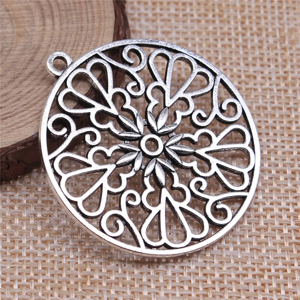 39x39mm 7.1g Antique Silver Zinc Alloy Large Round Hollow Flower Charm Pendant for DIY Necklace Making