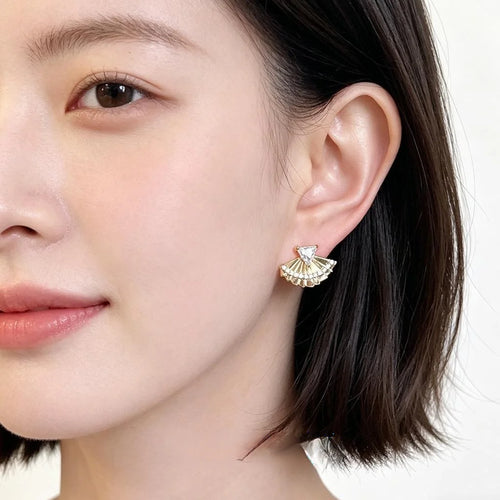 Designer Chinese Trend Fan Leaf Geometric Zircon Eco-Friendly Copper Stud Earrings With Silver Plated Pins