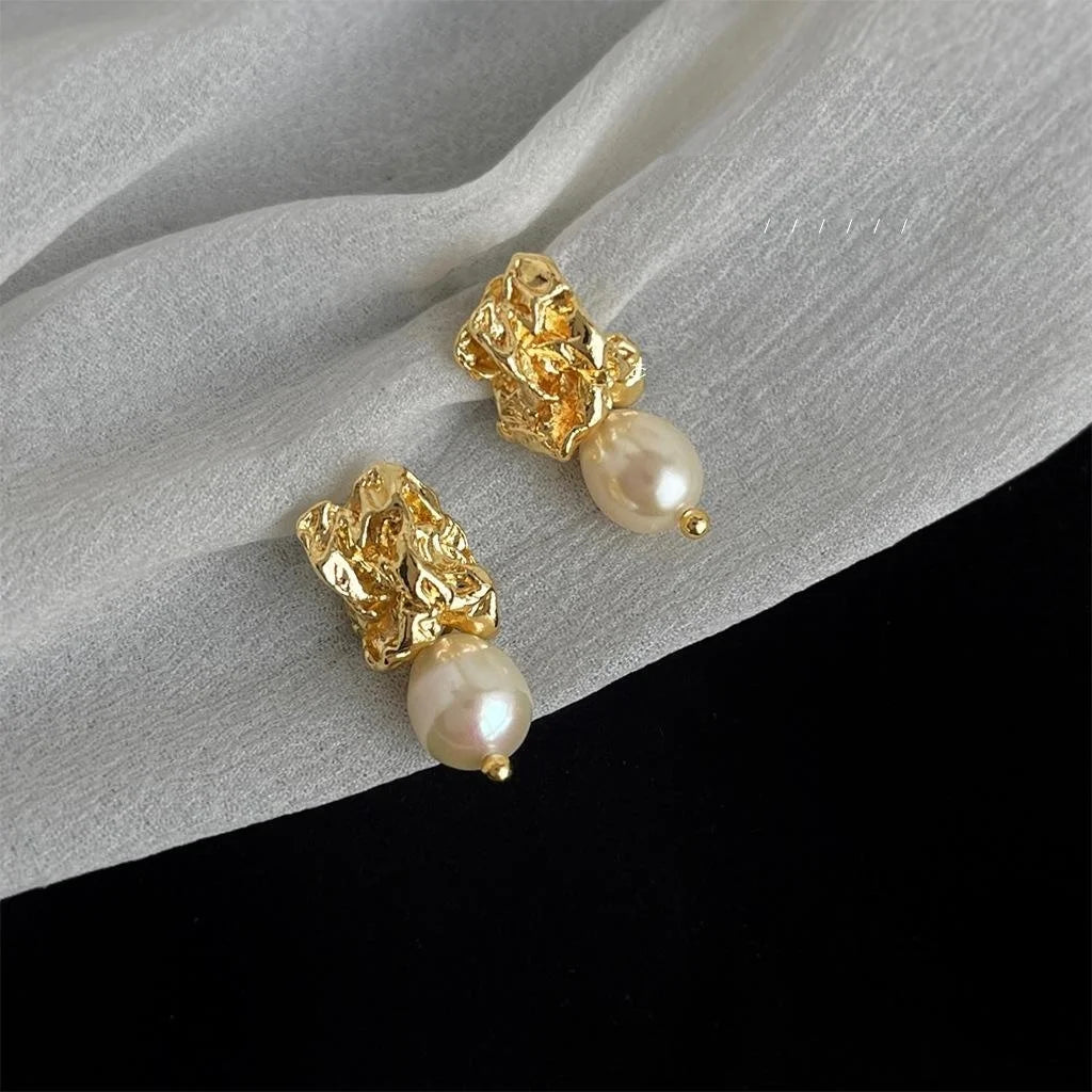 Freshwater Pearl Irregular Geometric Drop Earrings French Vintage Handmade Design for Women