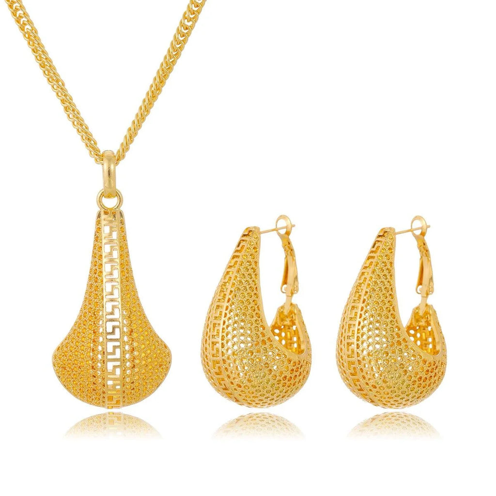 Luxury 24K Gold Plated Alloy Teardrop Necklace And Earrings Jewelry Set With Rhinestones For Bridal Wedding
