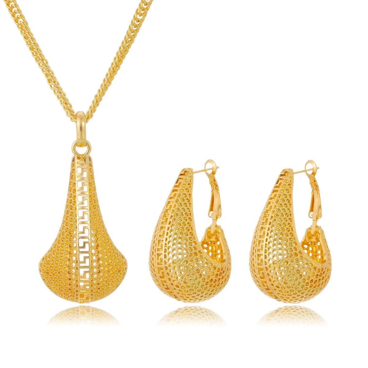 Luxury 24K Gold Plated Alloy Teardrop Necklace And Earrings Jewelry Set With Rhinestones For Bridal Wedding