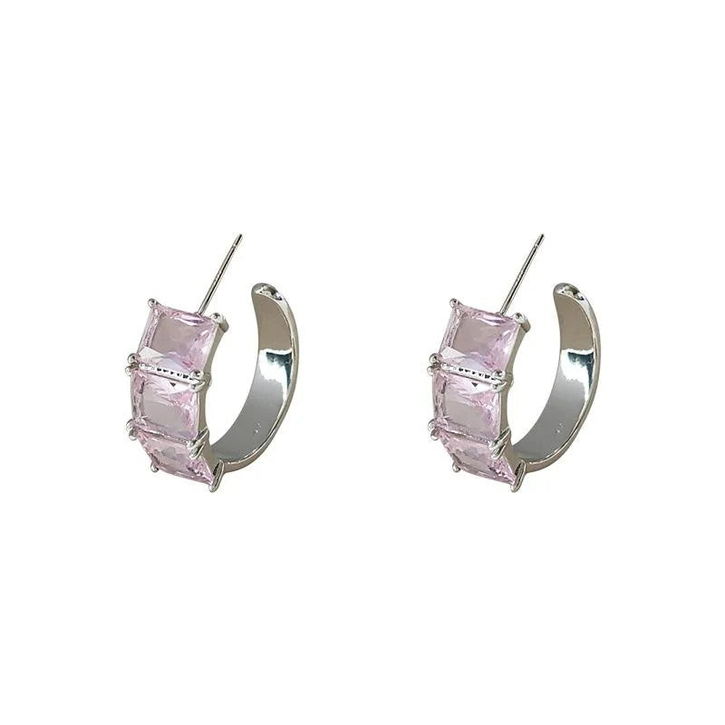 Sweet Cool Pink Zircon Sugar Cube C-Shaped Copper Hoop Earrings With Silver Plated Pins
