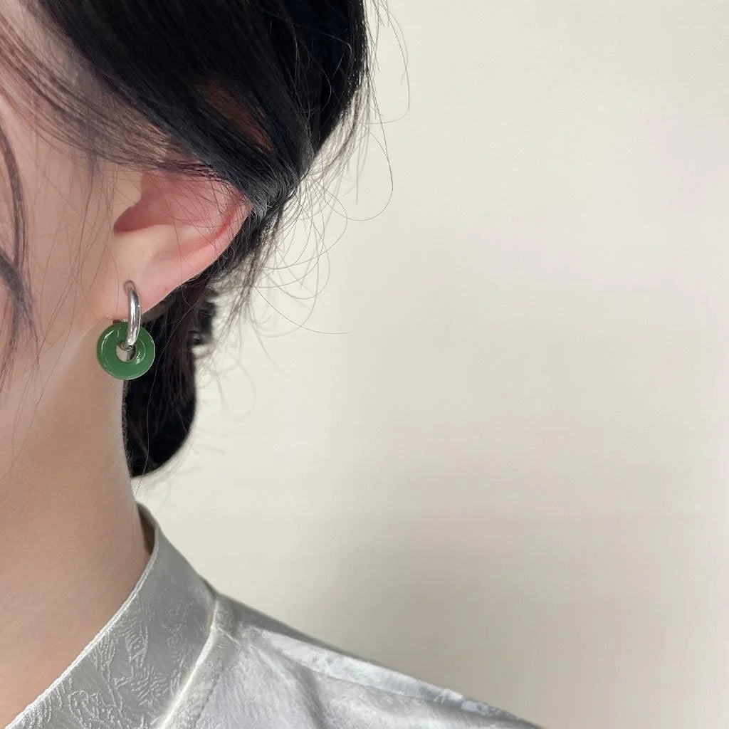 New Chinese Style Handmade Jade Color Glass Peace Buckle Stud Earrings Convertible Ethnic Geometric Ear Cuffs