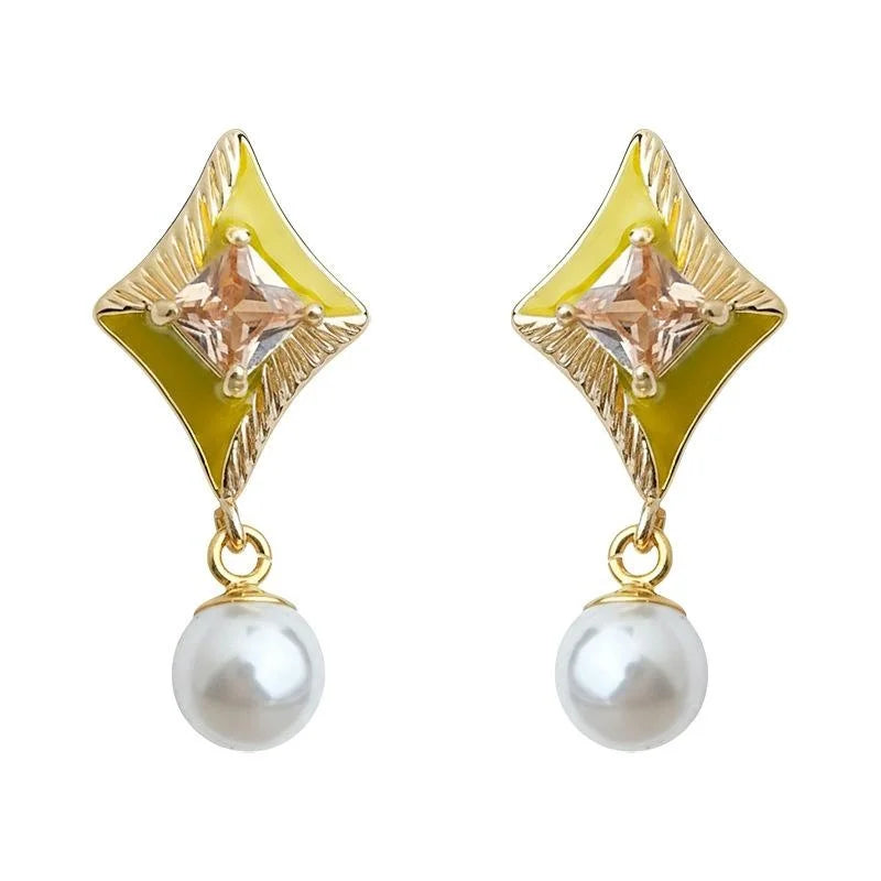 Old Money Style Geometric Round Square Drop Earrings, Enamel Pearl Zircon Silver Plated Pin