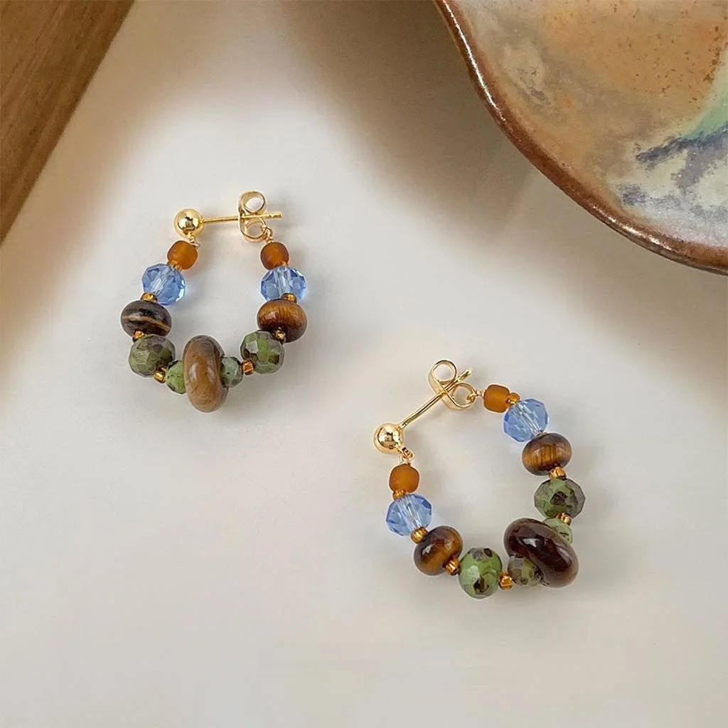 Handmade Vintage Ethnic Tiger Eye Stone Glass Crystal Beaded Geometric Drop Earrings