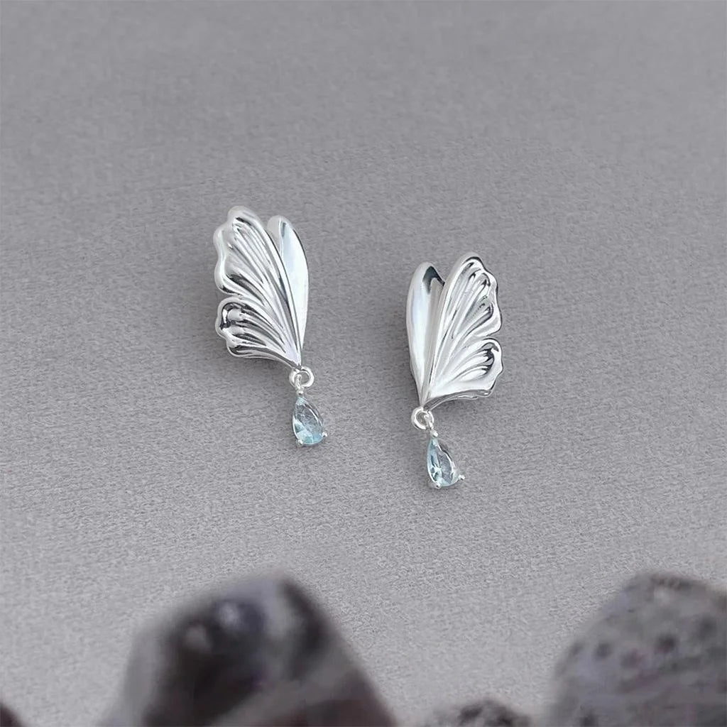 Elegant Copper Aquamarine Zircon Butterfly Teardrop Drop Earrings With Silver Plated Posts