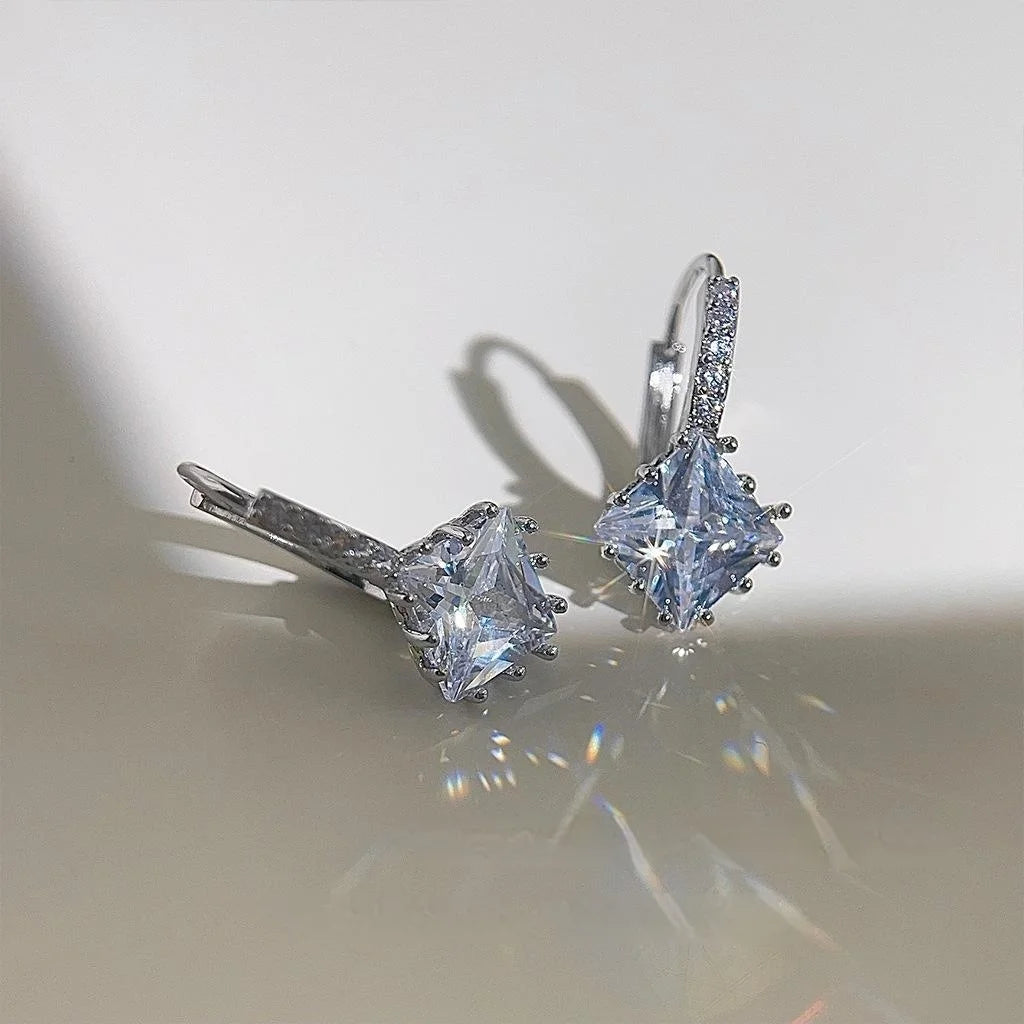 Copper Zircon Micro Pave Square Geometric Drop Earrings For Women, Minimalist Luxury Style