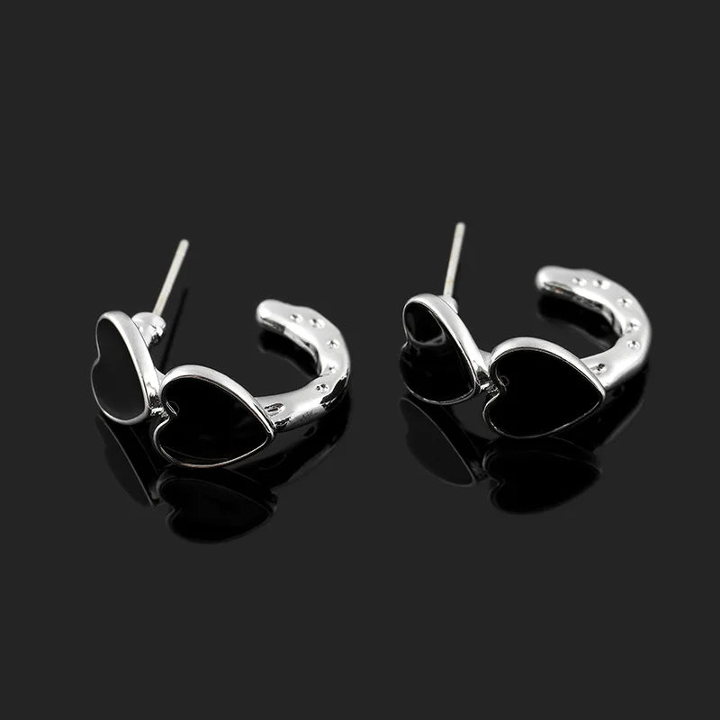 Vintage Black Enamel Heart C Hoop Alloy Stud & Clip On No Piercing Spiral Ear Cuff Earrings