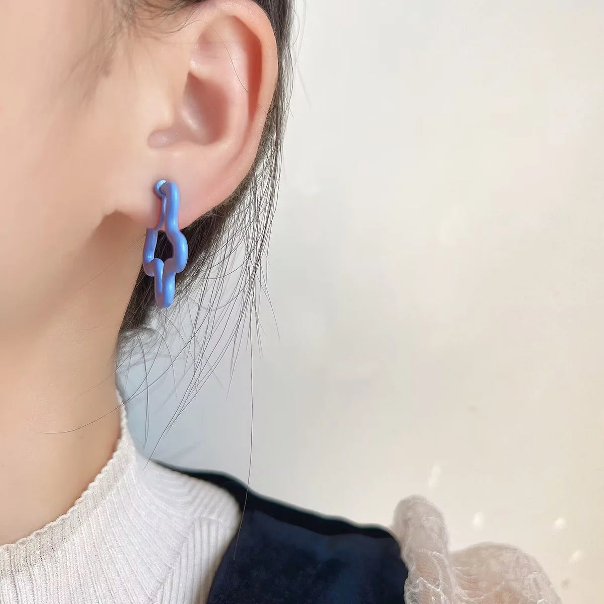 Light Blue Enamel Alloy Irregular Five Point Star Flower Hoop Stud & Clip On No Piercing Fashion Earrings